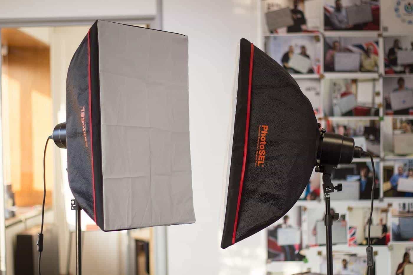 A softbox studio lighting kit set up in a room